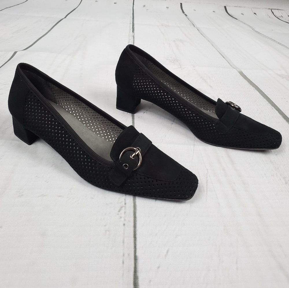 Stuart Weitzman black suede block heel w/ buckle